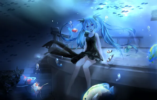 Картинка девушка, рыбки, пузыри, аниме, арт, лестница, vocaloid, hatsune miku