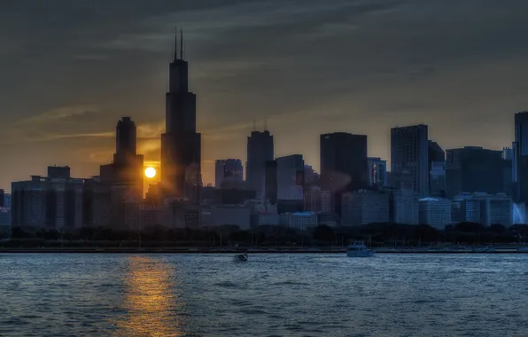 Картинка солнце, город, небоскребы, утро, Чикаго, Иллиноис