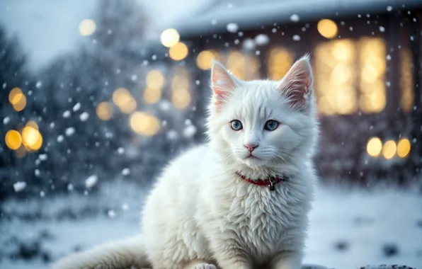 Зима, кошка, белый, свет, снег, огни, дом, котенок