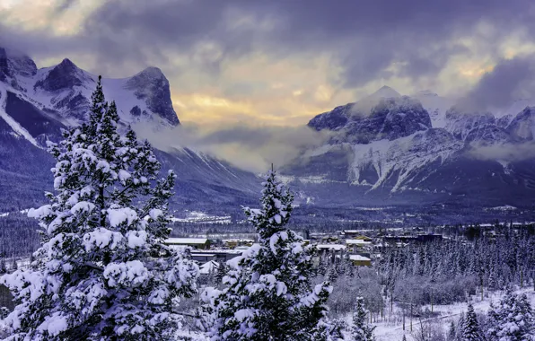 Зима, снег, горы, долина, Канада, Banff National Park, Alberta, Canmore