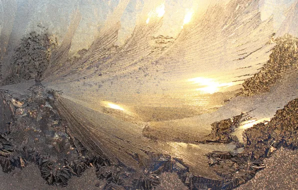 Холод, зима, иней, стекло, солнце, свет, снег, блики