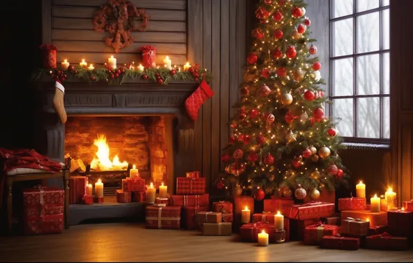 Комната, елка, интерьер, Рождество, Новый год, камин, Christmas, view