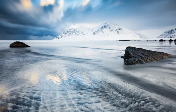 Море, вода, облака, снег, скалы, Норвегия, Norway, Лофотенские острова