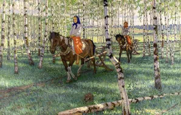 Лес, девушки, лошади, берёзы, Рига, 1921, На работу, Богданов-Бельский