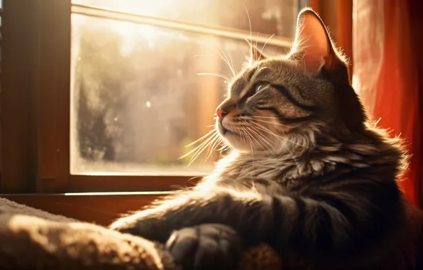 Кошка, кот, взгляд, солнце, свет, поза, лапы, окно