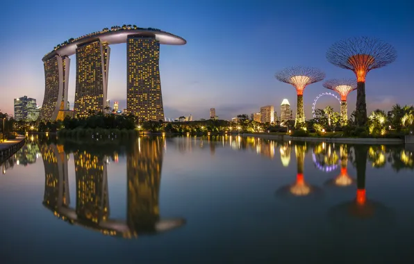 Картинка море, ночь, город, огни, отражение, здания, Сингапур, чертово колесо