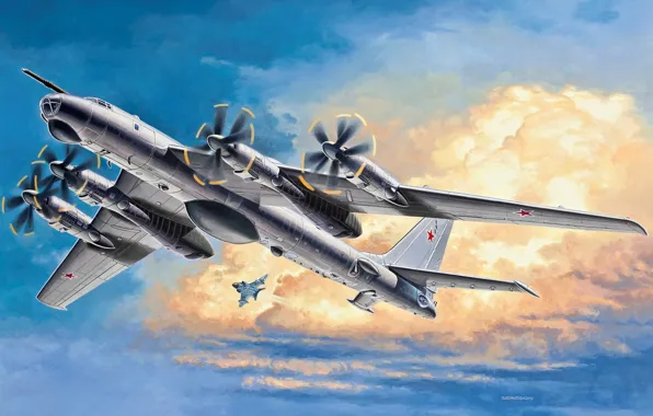 Картинка самолет, арт, бомбардировщик, самый, ракетоносец, винтовой, стратегический, советский