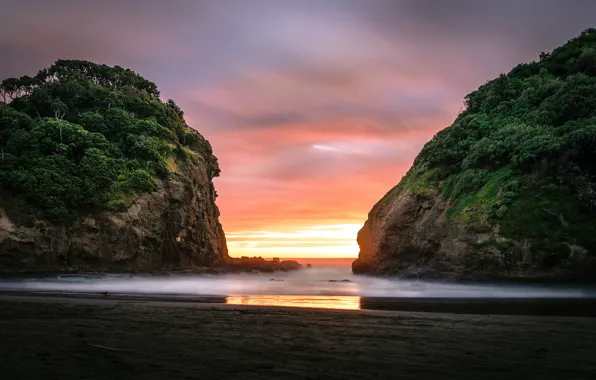 Пляж, океан, скалы, рассвет, Auckland, Bethells Beach