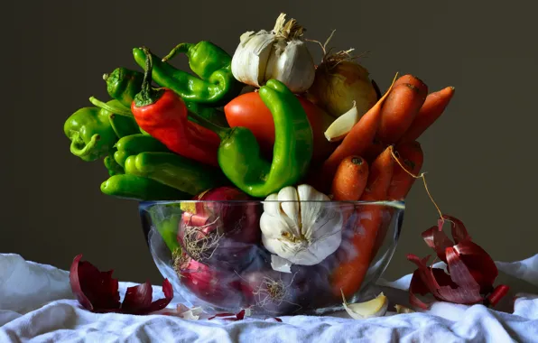 Картинка миска, перец, овощи, композиция, натюрморт, еда, шелуха, чеснок