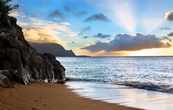 Картинка океан, скалы, побережье, Hawaii, Kauai