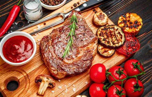 Грибы, баклажан, мясо, доска, перец, овощи, помидоры, соус