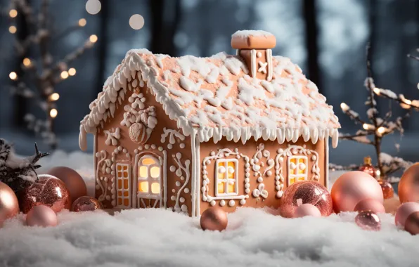 Картинка снег, шары, Новый Год, Рождество, house, new year, happy, Christmas