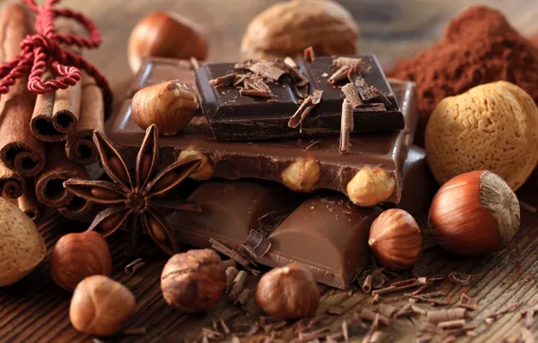 Черный, шоколад, орехи, корица, десерт, дольки, сладкое, стружка