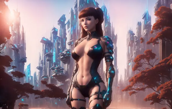 Картинка city, boobs, model, women, futuristic, looking at viewer, bikini armor, AI art