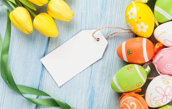 Картинка colorful, Пасха, тюльпаны, yellow, tulips, spring, eggs, Happy Easter