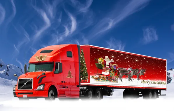 Красный, Рождество, Новый год, Санта Клаус, Автомобиль, Дед Мороз, Фура, Подарки