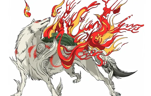 Белый, фон, пламя, волк, когти, божество, Okami, Amaterasu