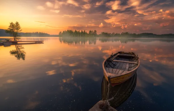 Картинка деревья, озеро, отражение, восход, рассвет, лодка, спокойствие, утро