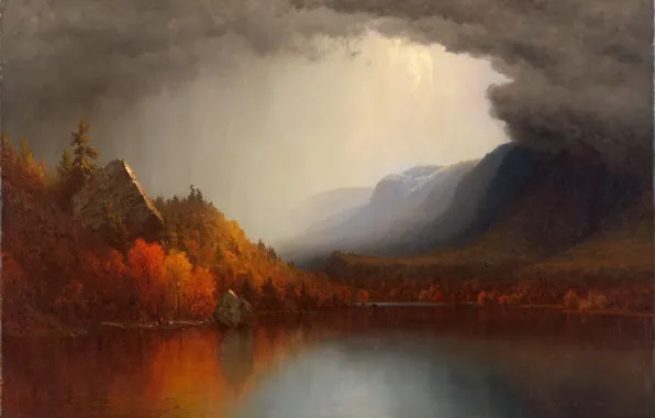 Картинка осень, лес, пейзаж, тучи, озеро, картина, Sanford Robinson Gifford
