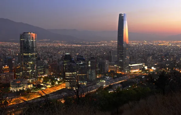 Картинка twilight, sunset, mountains, dusk, downtown, Santiago, cityscape, Chile