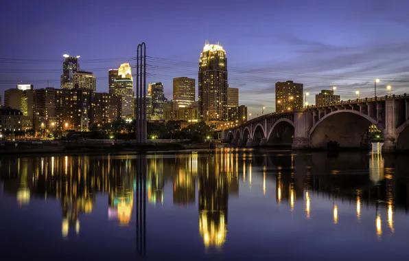 Мост, огни, отражение, река, дома, фонари, США, Minneapolis
