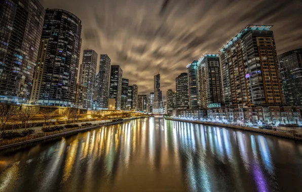 Картинка ночь, отражение, река, chicago, illinois