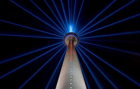 Ночь, город, огни, башня, Германия, Дюссельдорф, Rheinturm