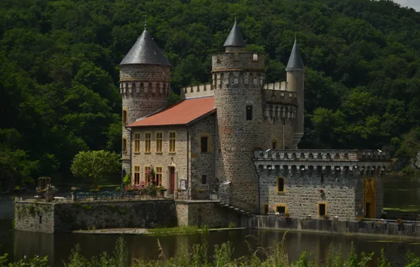 Франция, Озеро, Замок, France, Castle, Lake, Chateau de La Roche, Сен-Прьест-ла-Рош