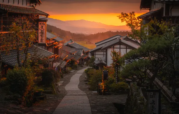 Картинка рассвет, улица, дома, утро, Япония, дорожка, Japan, Kyoto