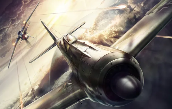 Картинка дизайн, самолет, атака, рисунок, истребитель, бой, обстрел, вторая мировая война