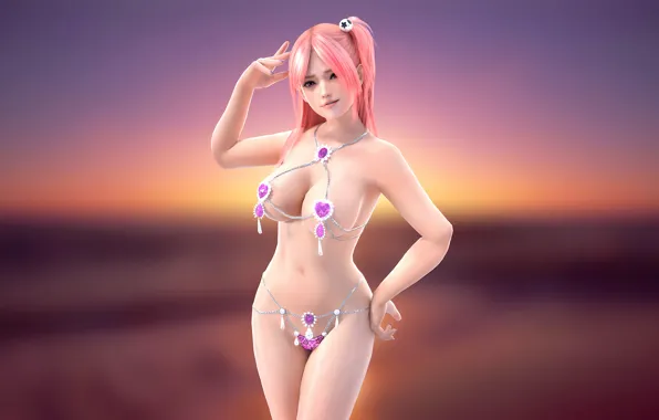 Girl, sexy, cleavage, pink hair, long hair, boobs, anime, beautiful