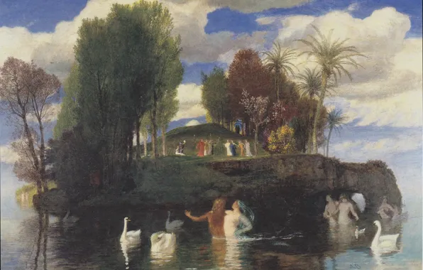 Картинка лебеди, 1888, голые девушки, Арнольд Бёклин, Остров жизни