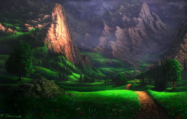 Картинка зелень, горы, дом, дерево, скалы, тропа, арт, дорожка
