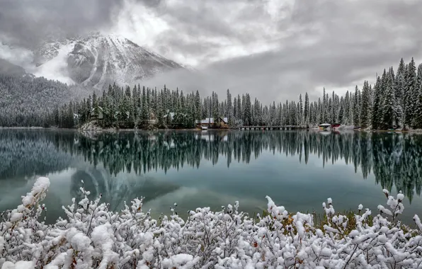 Картинка лес, снег, горы, озеро, отражение, Канада, Canada, British Columbia