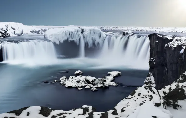 Waterfall, Iceland, Ice, Godafoss