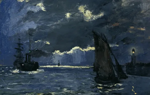 Картинка лодка, корабль, картина, Клод Моне, Морской Пейзаж. Ночной Эффект