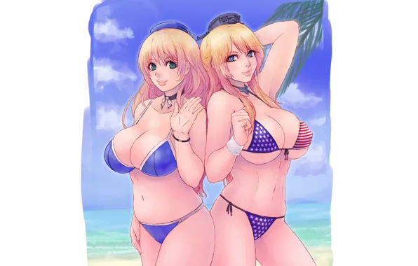 Girl, sexy, cleavage, beach, long hair, sea, boobs, anime