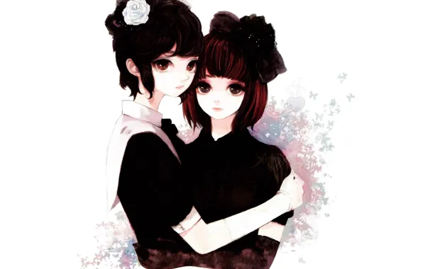 Картинка цветы, бабочка, белый фон, перчатки, сёстры, большие глаза, art Atri