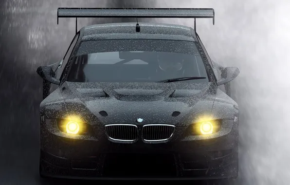 Брызги, дождь, черный, фары, BMW, БМВ, лужи