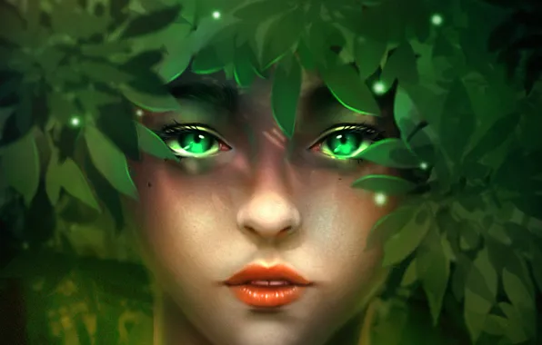 Картинка листья, девушка, фэнтези, by minnhsg