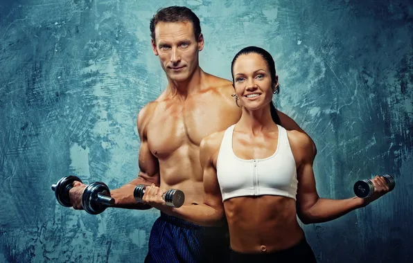 Улыбка, фигура, двое, muscle, мышцы, пресс, pose, гантели