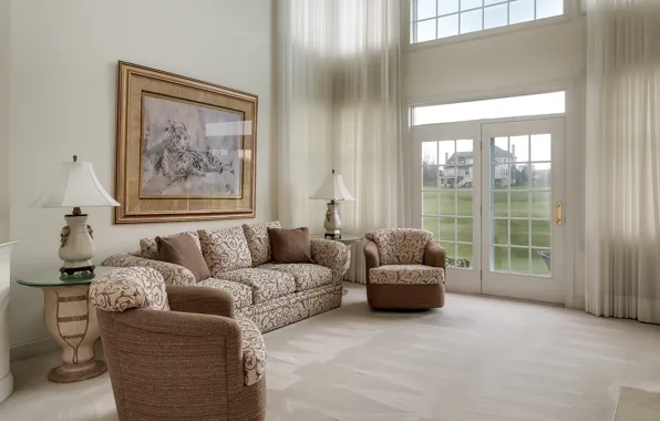 Картинка диван, окно, шторы, гостиная