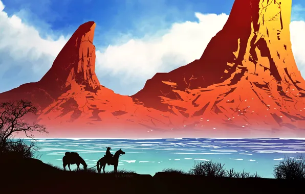 Картинка горы, природа, река, лошади, ковбой, by kvacm
