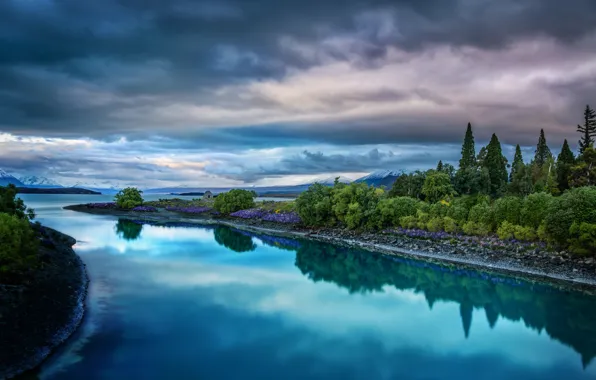 Небо, пейзаж, тучи, природа, озеро, Новая Зеландия, New Zealand, Lake Tekapo
