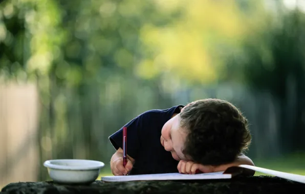 Ребенок, мальчик, ручка, альбом, чашка, карандаш, миска, картинка