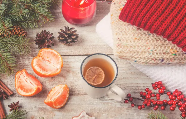 Картинка чай, новый год, свеча, напиток, шишки, дольки, мандаринки