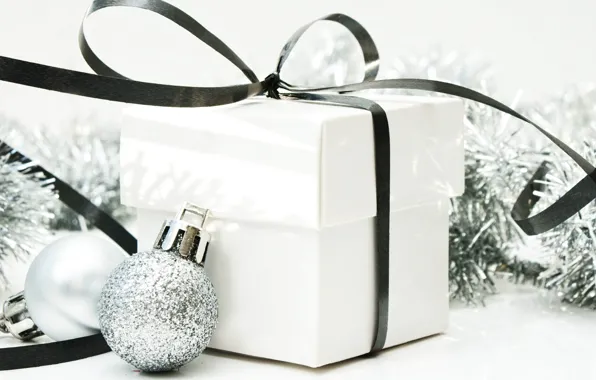 Шарики, праздник, коробка, подарок, новый год, рождество, лента, белая