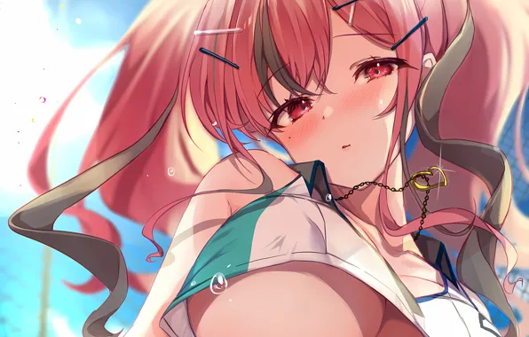 Girl, sexy, pink hair, long hair, boobs, anime, beautiful, twintails