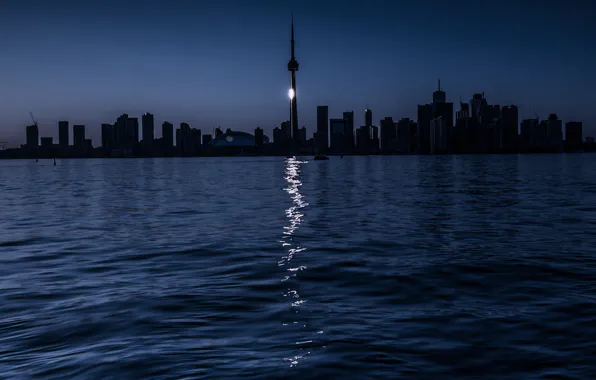 Картинка ночь, озеро, Торонто, лунная дорожка