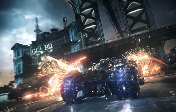 Машина, взрыв, ночь, огонь, Batman: Arkham Knight, бетмобиль